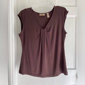 I.e. petite chocolate brown sleeveless top with gathered center